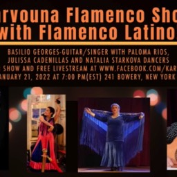 Flyer for Flamenco Latino performing at Karvouna Mezze Fri. Jan 21, 2022, 7 to 10 PM.