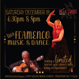 Flyer for Basilio Georges and Aurora Reyes performing at Villa. Lobos Tapas Bar Freeport NY, on 12/18/21 at 6:30 pm and 8:00 pm