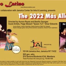 Flamenco Latino 2022 Más Allá Series Postcard. Left Image 4 dancers, one in front of the other, in a formation with arms out to left and right, using flamenco hand motion. Dancers dressed in costumes with variations of white and red polka dot trim on black backgrounds. Overlapping right corner of this image, cut out figure of Paige Stewart 