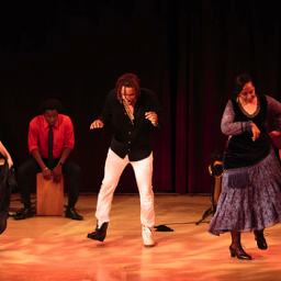 2018 Más Allá Series at JCAL. Aurora Reyes, Omar Edwards, Xianix Barrera dancing with Hamed Traore, cajón and Basilio Georges, guitar. Photo: Eric Bandiero.