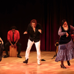 2018 Más Allá Series at JCAL. Aurora Reyes, Omar Edwards, Xianix Barrera dancing with Hamed Traore, cajón and Basilio Georges, guitar. Photo: Eric Bandiero.